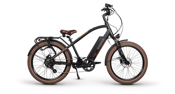 The Magnum Cruiser A beautifully designed beach cruiser style electric bike well suited to urban riding or commuting Black and Copper