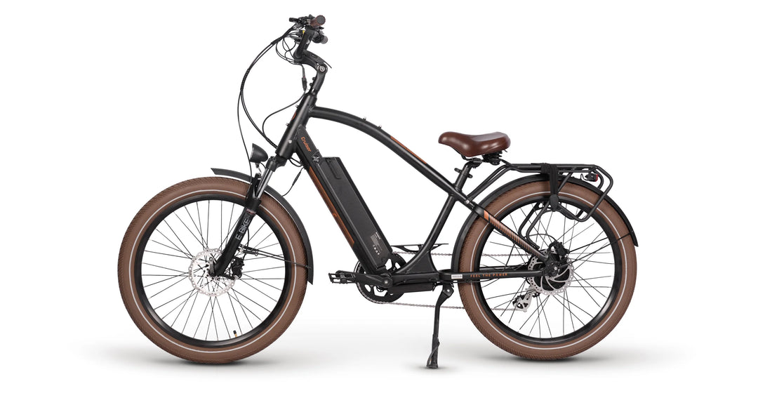 The Magnum Cruiser A beautifully designed beach cruiser style electric bike well suited to urban riding or commuting. Black and Copper
