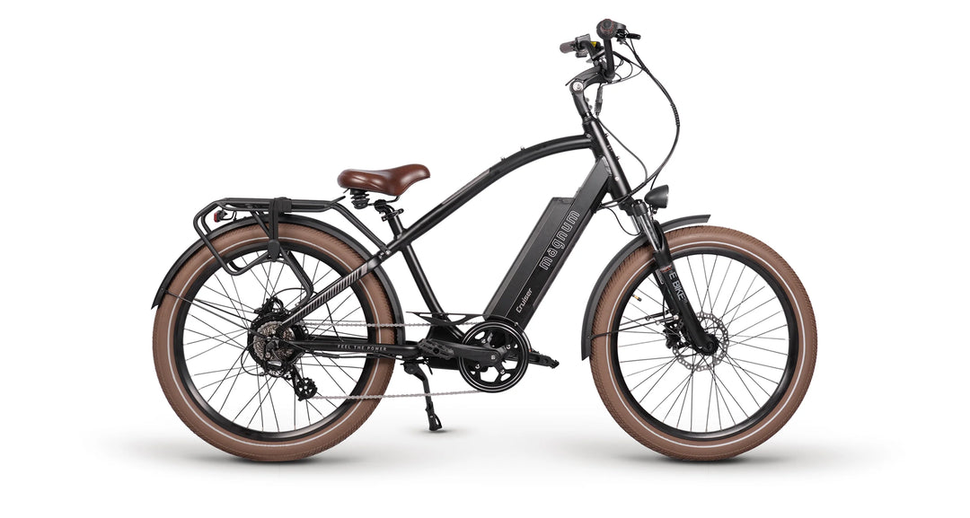 The Magnum Cruiser A beautifully designed beach cruiser style electric bike well suited to urban riding or commuting. Black and Gunmetal